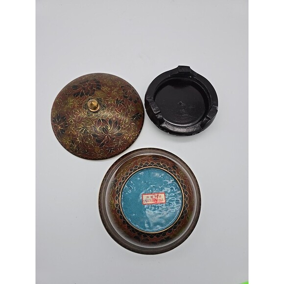 Vintage Chinese Cloisonne Covered Bowl on Wood Stand Enamel over Copper Floral - Picture 6 of 8